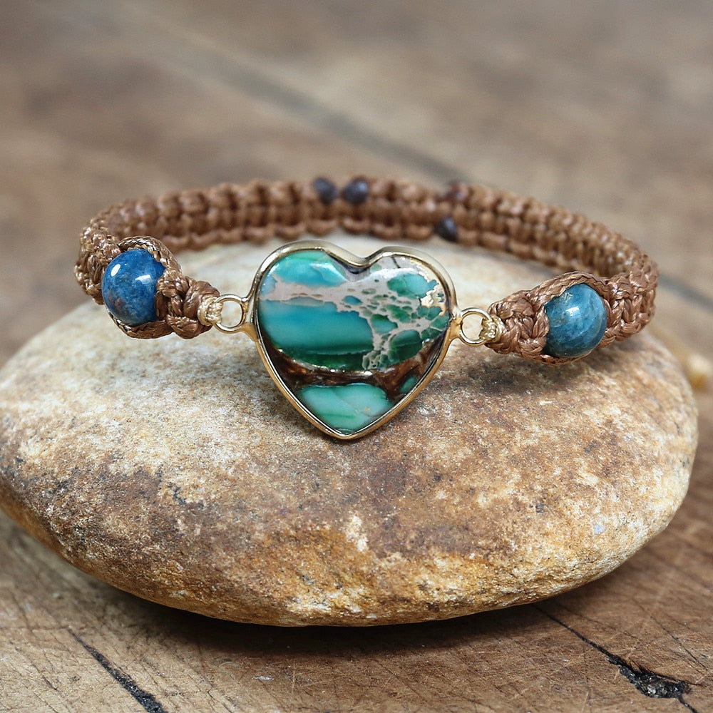 Bracelet Tressé, Coeur en Pierre d'Apatite