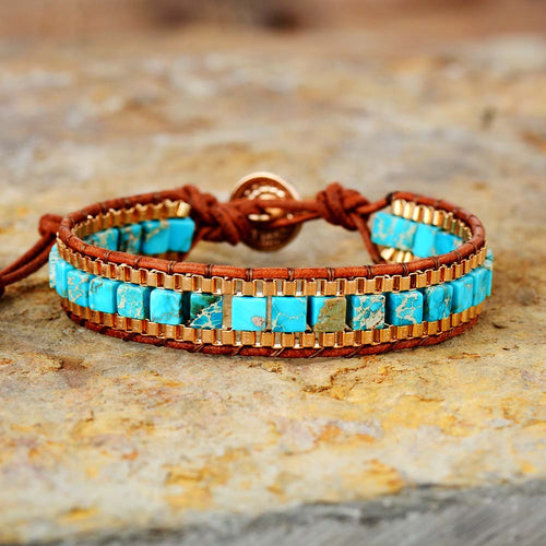 Bracelet Tissé Cuir et Pierre  naturelle Jaspe Turquoise