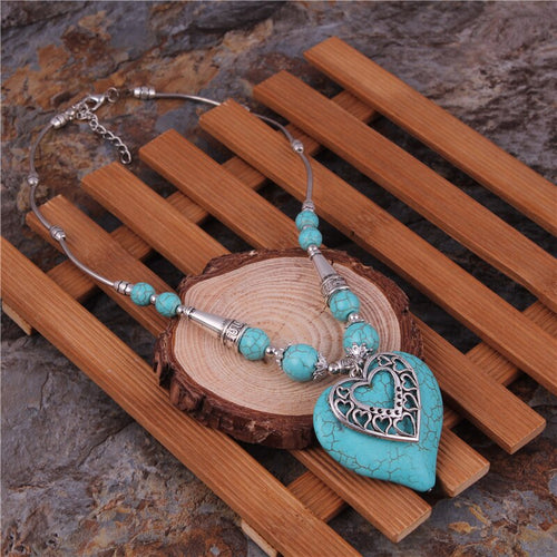 Collier Ethnique en Argent Tibétain et Coeur Turquoise