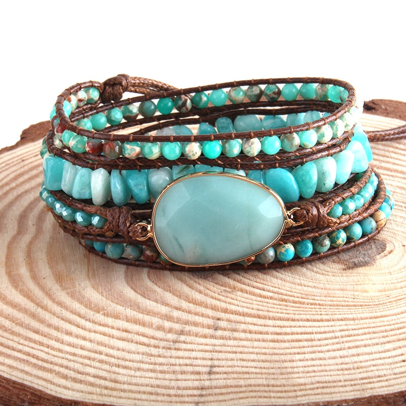 Bracelet Wrap Lanières Cuir Pierres Amazonite